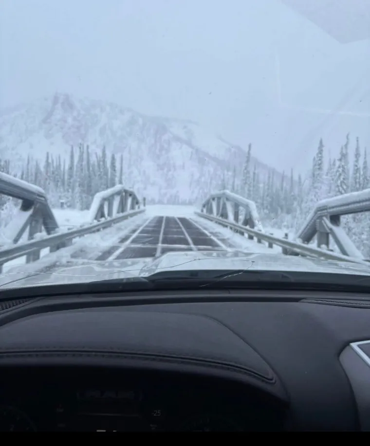 Crossing a bridge in the snow