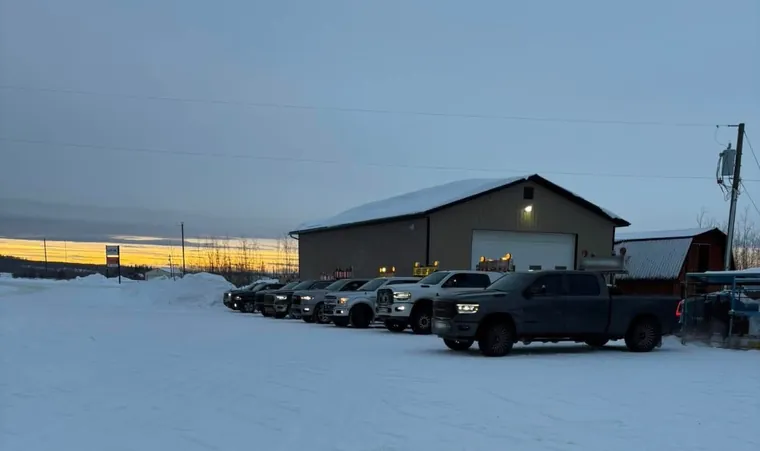 Trucks lined up outside the shop