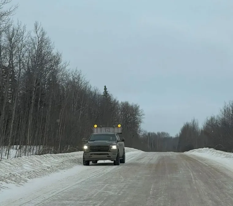 Snow road, lights on
